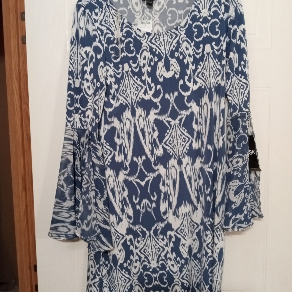 MSK Blue and White Dress with Long Bell Sleeves
